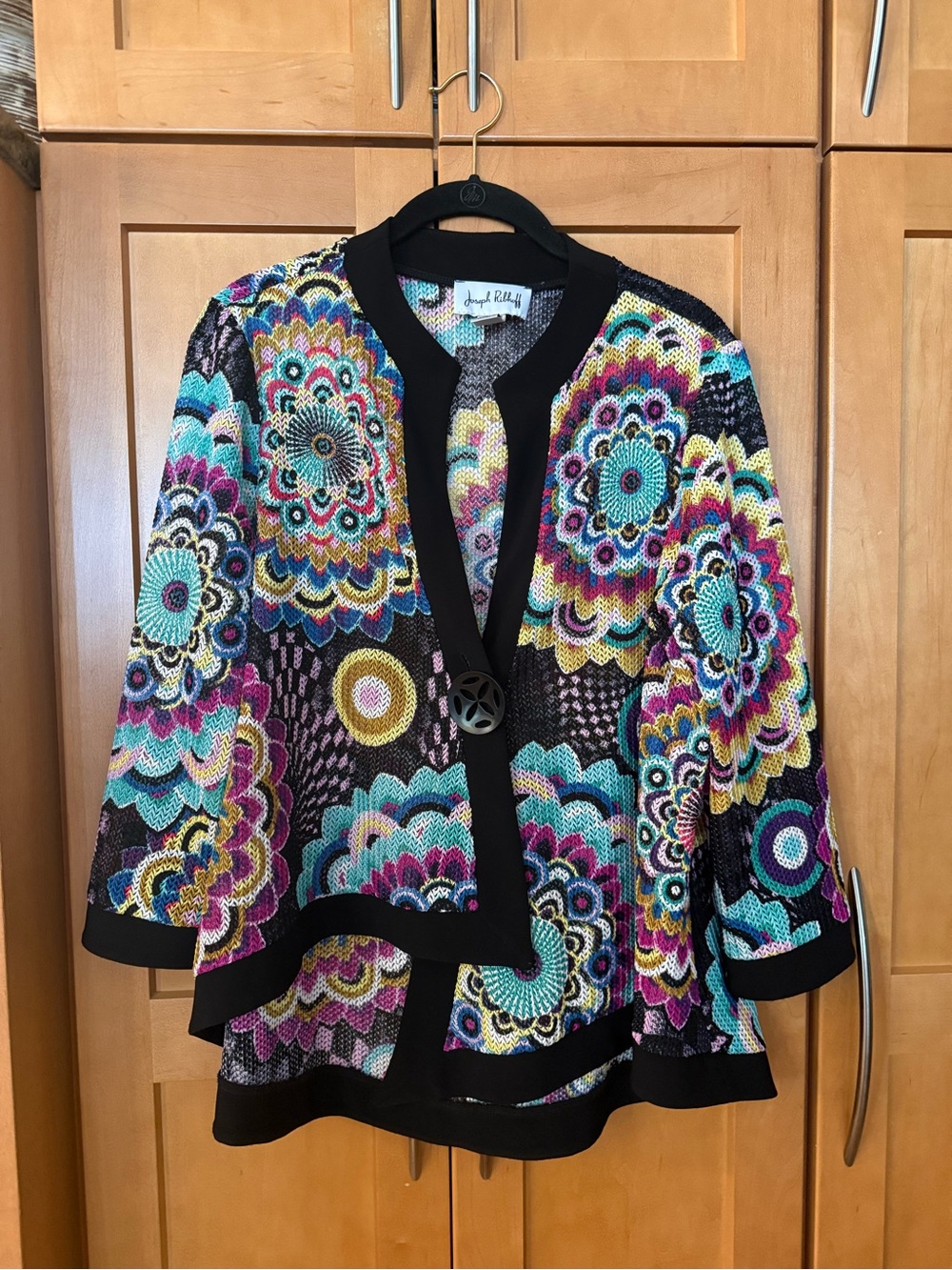Joseph Ribkoff Multicolor Floral Knit Jacket with Black Trim